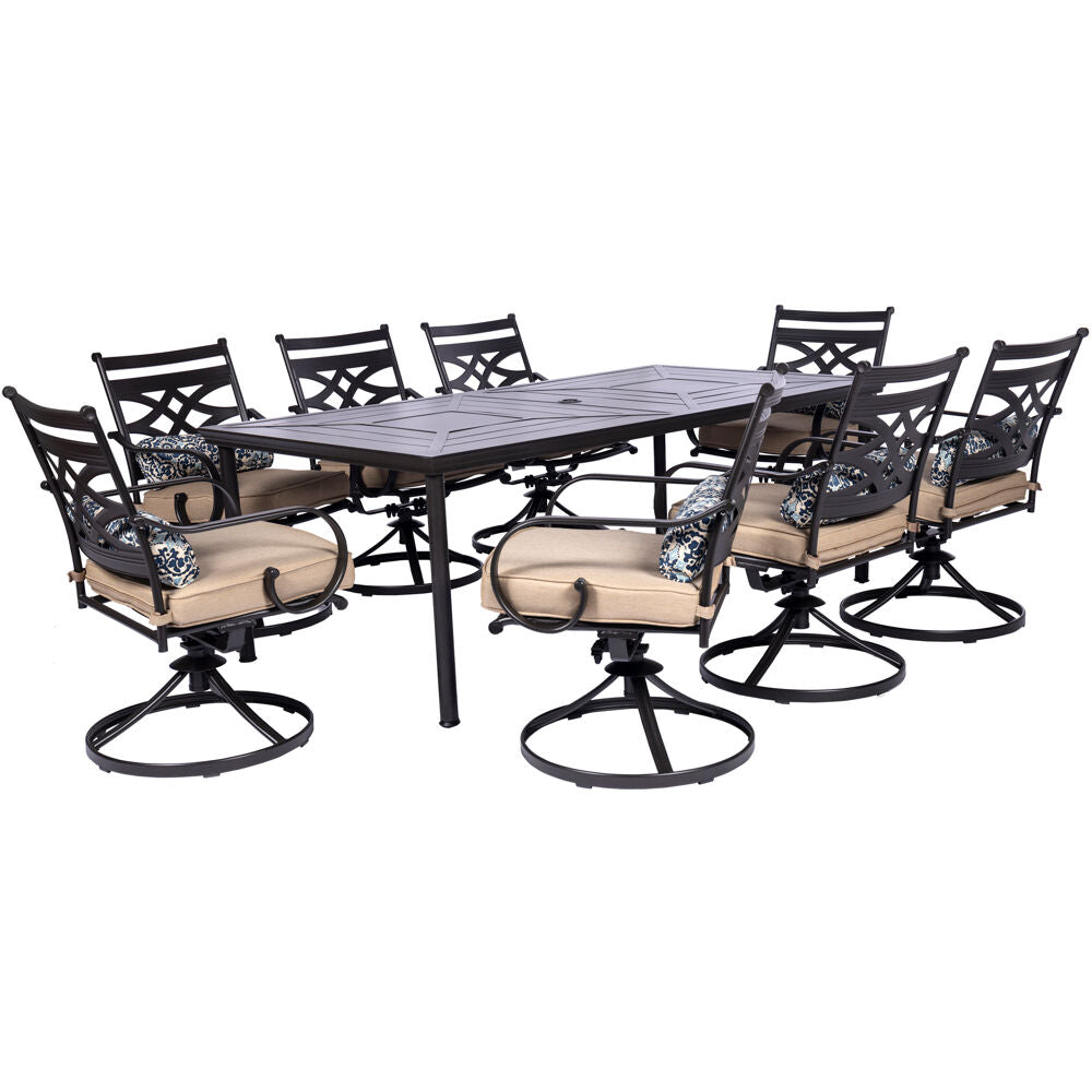 Hanover MCLRDN9PCSW8-TAN Montclair9pc: 8 Swivel Rockers, 42"x84" Rectangle Dining Table