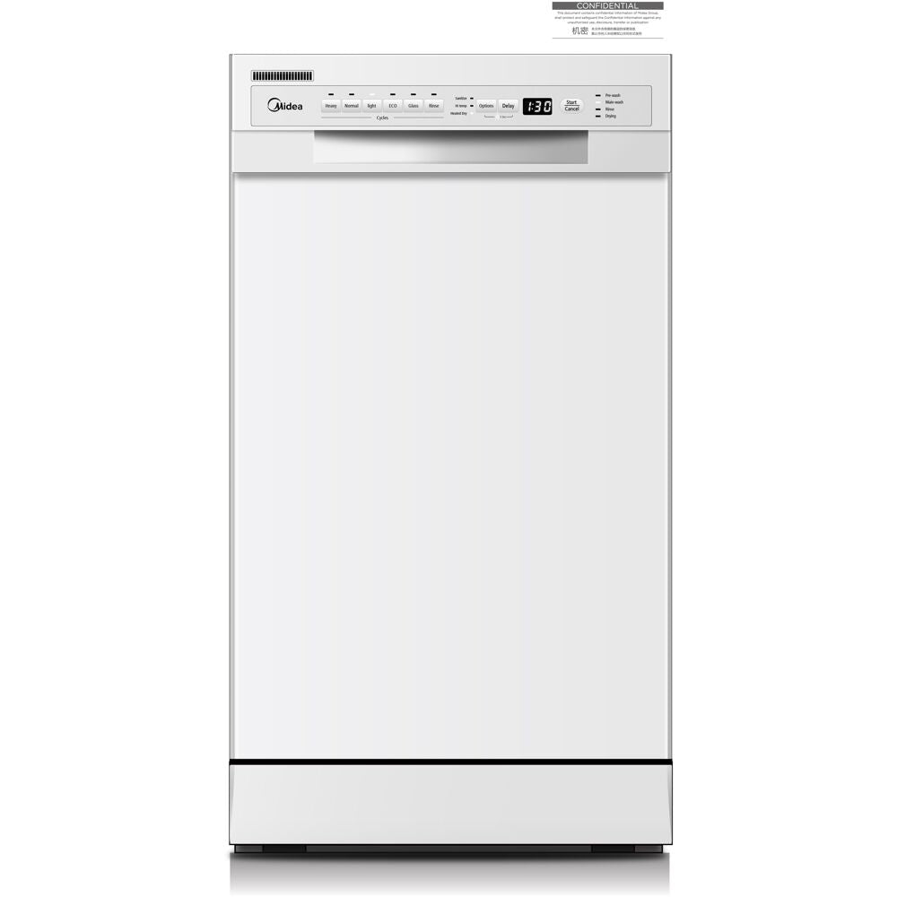 Midea MDF18A1AWW 18" Front Control Dishwasher, 52dB, 2-Rack, Stainless Tub