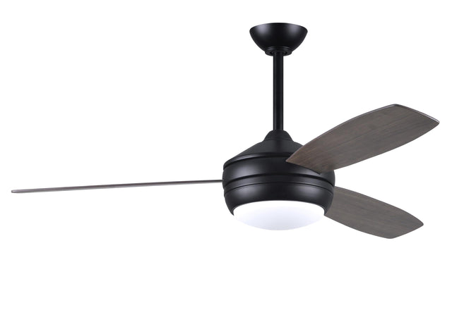 T-24 efficient 4-speed ceiling fan in Matte Black finish with reversible 52" Gray Ash/Walnut blades and LED light kit.