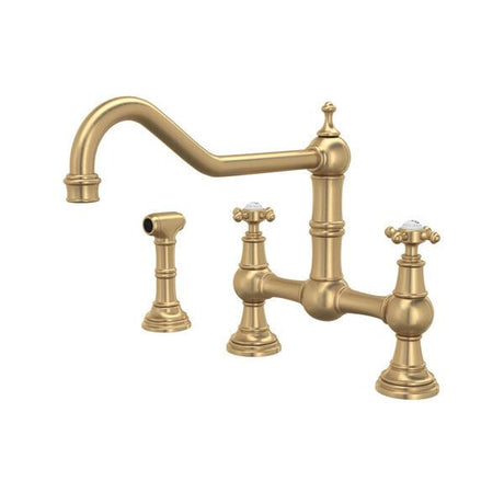 Edwardian™ Extended Spout Bridge Kitchen Faucet With Side Spray Satin English Gold