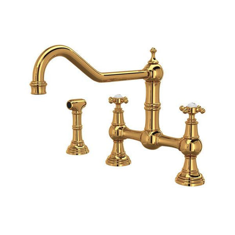 Edwardian™ Extended Spout Bridge Kitchen Faucet With Side Spray English Gold