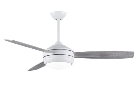 T-24 efficient 4-speed ceiling fan in Matte White finish with reversible 52" Maple/Barn Wood blades and LED light kit.