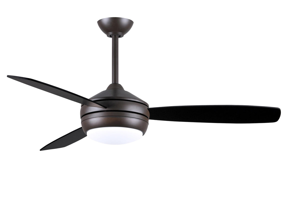 T-24 efficient 4-speed ceiling fan in Textured Bronze finish with reversible 52" Old Oak/Matte Black blades and LED light kit.