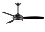 T-24 efficient 4-speed ceiling fan in Textured Bronze finish with reversible 52" Old Oak/Matte Black blades and LED light kit.