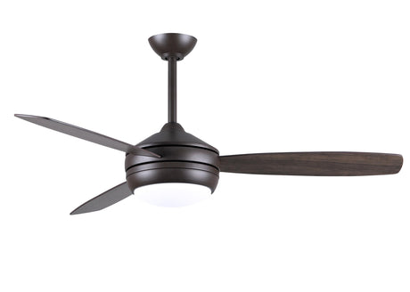 T-24 efficient 4-speed ceiling fan in Textured Bronze finish with reversible 52" Gray Ash/Walnut blades and LED light kit.