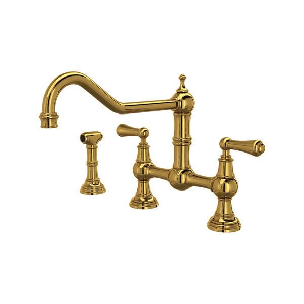 Edwardian™ Extended Spout Bridge Kitchen Faucet With Side Spray Unlacquered Brass