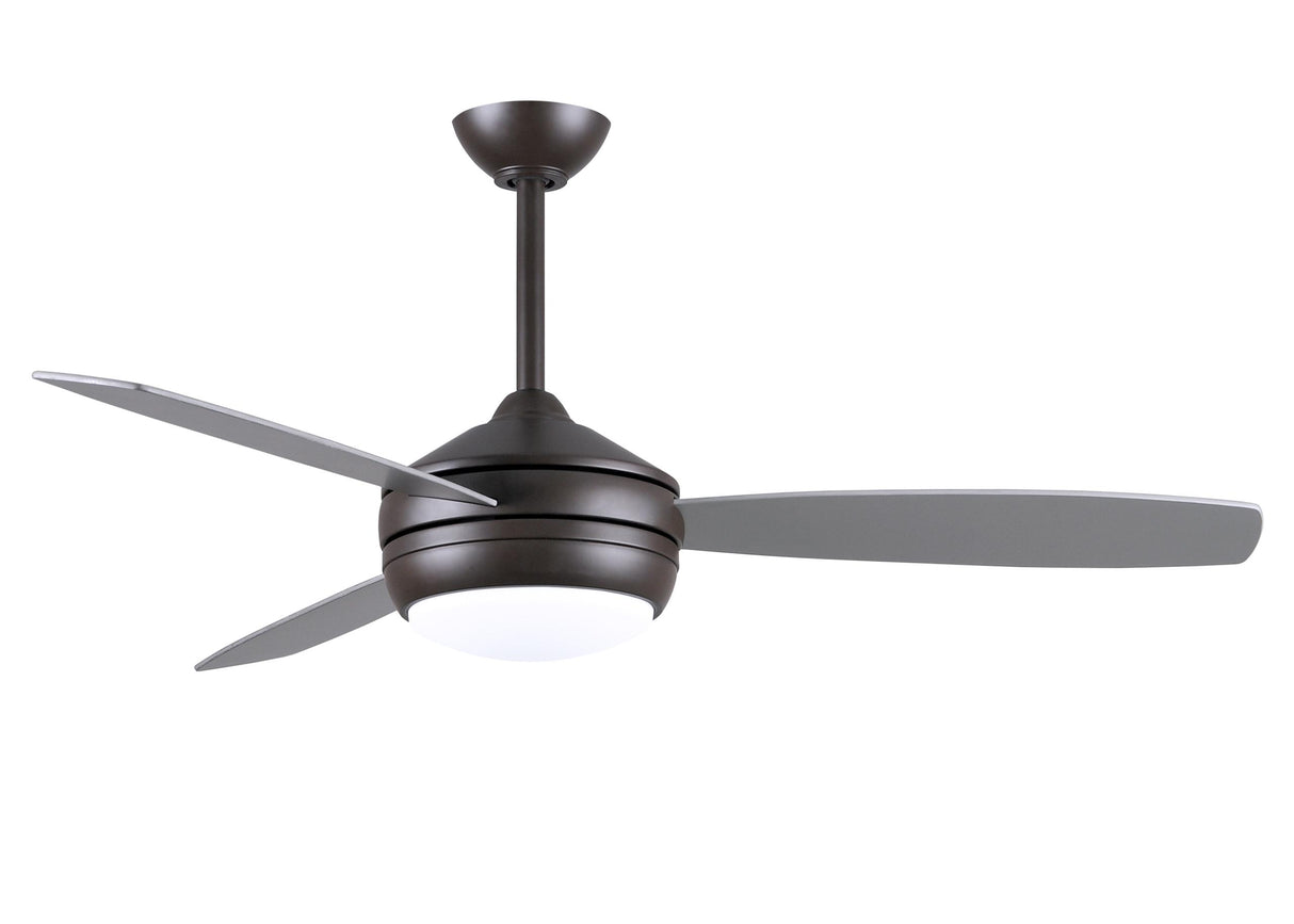 T-24 efficient 4-speed ceiling fan in Textured Bronze finish with reversible 52" Matte White/Brushed Nickel blades and LED light kit.