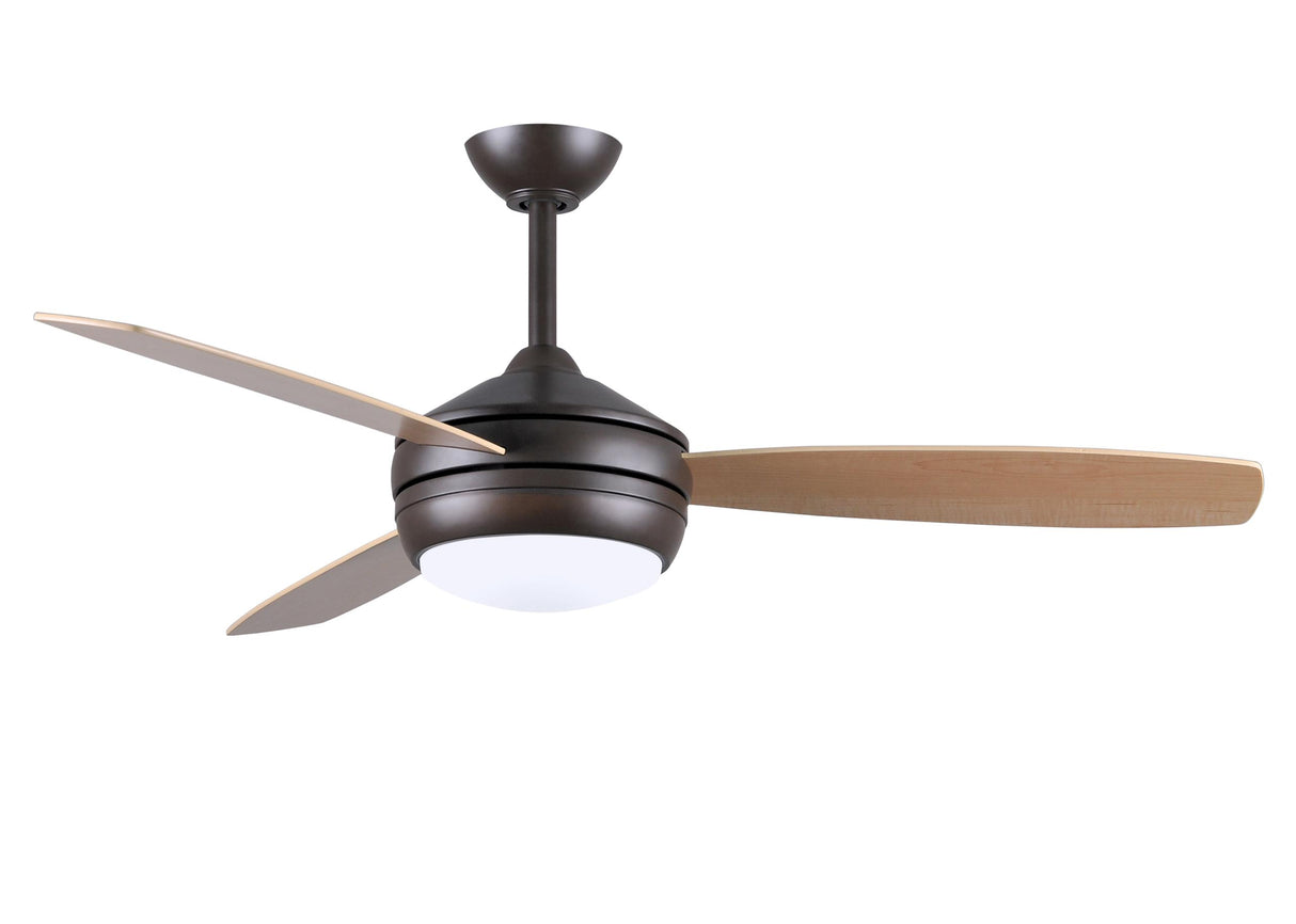 T-24 efficient 4-speed ceiling fan in Textured Bronze finish with reversible 52" Maple/Barn Wood blades and LED light kit.