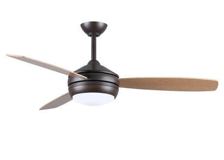 T-24 efficient 4-speed ceiling fan in Textured Bronze finish with reversible 52" Maple/Barn Wood blades and LED light kit.