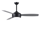 T-24 efficient 4-speed ceiling fan in Matte Black finish with reversible 52" Matte White/Brushed Nickel blades and LED light kit.
