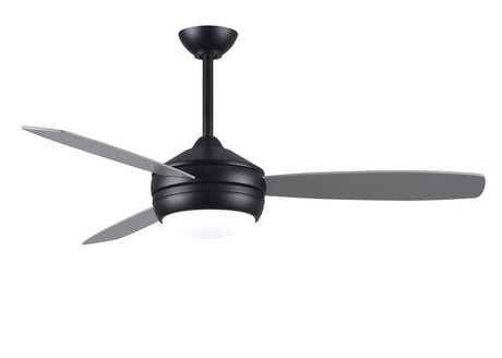 T-24 efficient 4-speed ceiling fan in Matte Black finish with reversible 52" Matte White/Brushed Nickel blades and LED light kit.