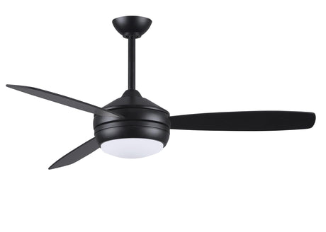 T-24 efficient 4-speed ceiling fan in Matte Black finish with reversible 52" Old Oak/Matte Black blades and LED light kit.