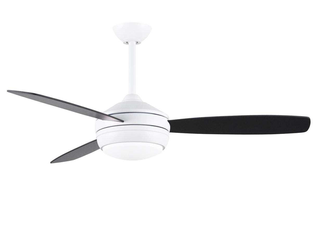 T-24 efficient 4-speed ceiling fan in Matte White finish with reversible 52" Old Oak/Matte Black blades and LED light kit.