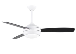 T-24 efficient 4-speed ceiling fan in Matte White finish with reversible 52" Old Oak/Matte Black blades and LED light kit.