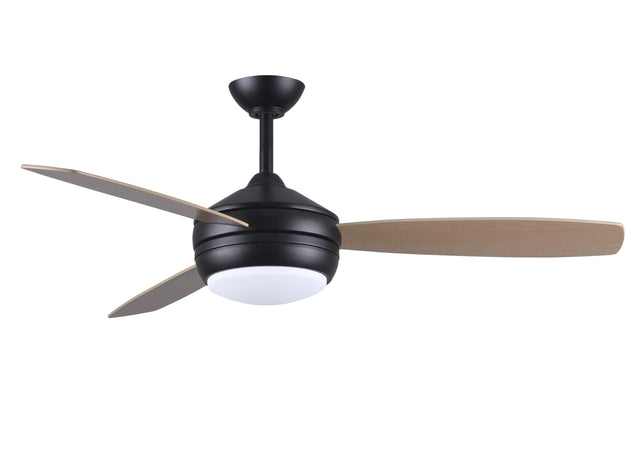 T-24 efficient 4-speed ceiling fan in Matte Black finish with reversible 52" Maple/Barn Wood blades and LED light kit.