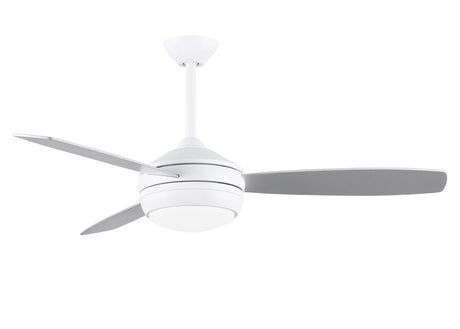 T-24 efficient 4-speed ceiling fan in Matte White finish with reversible 52" Matte White/Brushed Nickel blades and LED light kit.