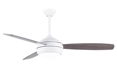 T-24 efficient 4-speed ceiling fan in Matte White finish with reversible 52" Gray Ash/Walnut blades and LED light kit.