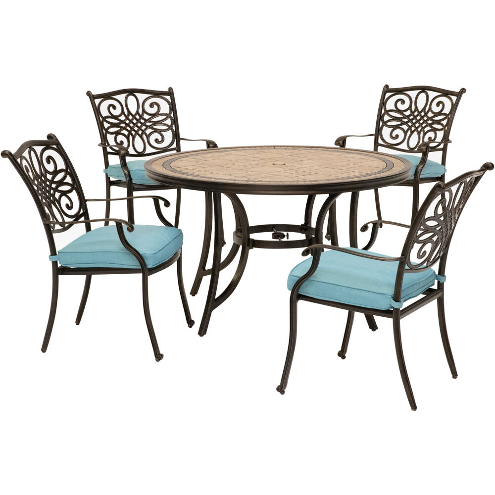 Hanover MONDN5PC-BLU Monaco5pc: 4 Cush Dining Chairs, 51" Round Tile Top Table