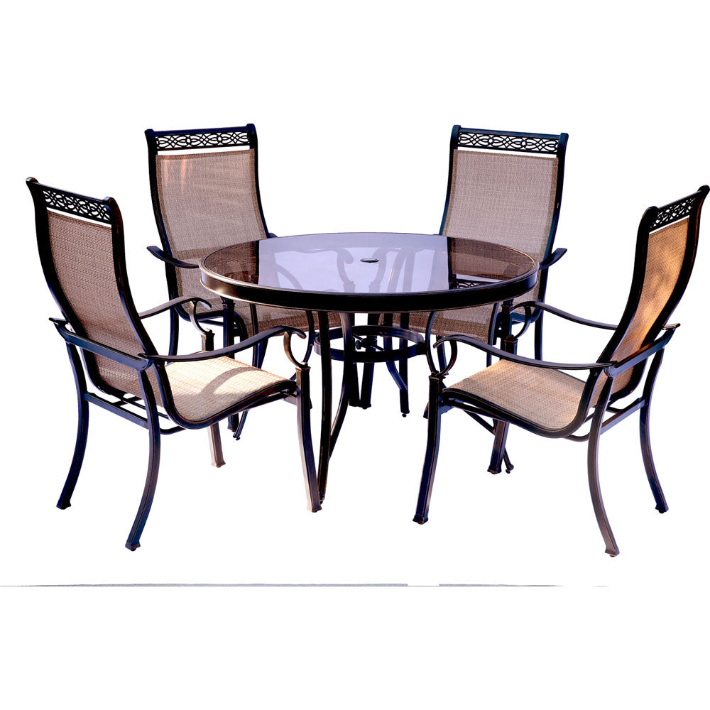 Hanover MONDN5PCG Monaco5pc: 4 Sling Dining Chairs, 48" Round Glass Top Table