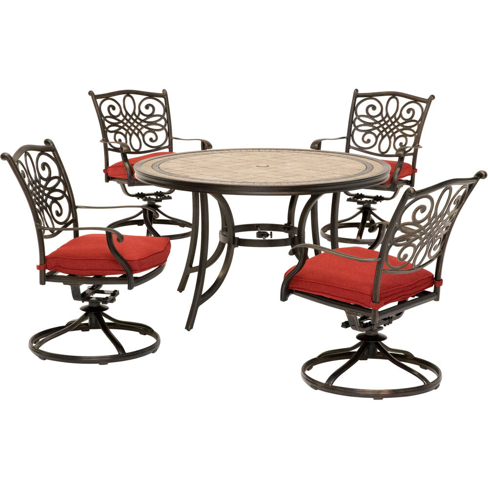 Hanover MONDN5PCSW-4-RED Monaco5pc: 4 Cush Sling Swivel Rockers, 51" Round Tile Top Table