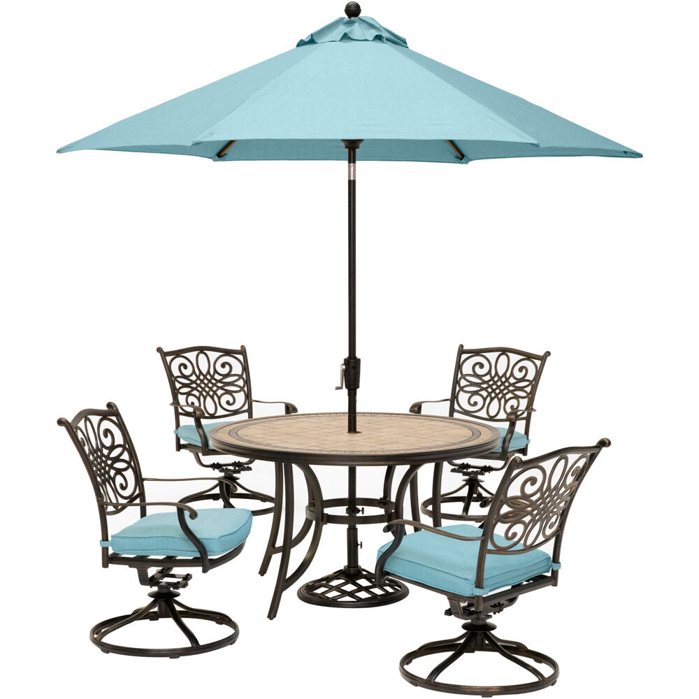 Hanover MONDN5PCSW4-SU-B Monaco5pc: 4 Cush Swivel Rockers, 51" Round Tile Top Table, Umbrella