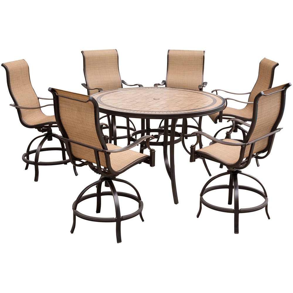 Hanover MONDN7PCBR Monaco7pc: 6 Sling Swivel Counter Height Chairs, 56" Rnd Tile Tbl (36"H)