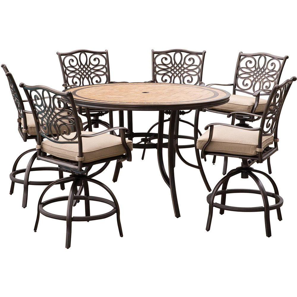 Hanover MONDN7PCBR-C Monaco7pc: 6 Cush Swivel Counter Height Chairs, 56" Rnd Tile Tnbl (36"H)