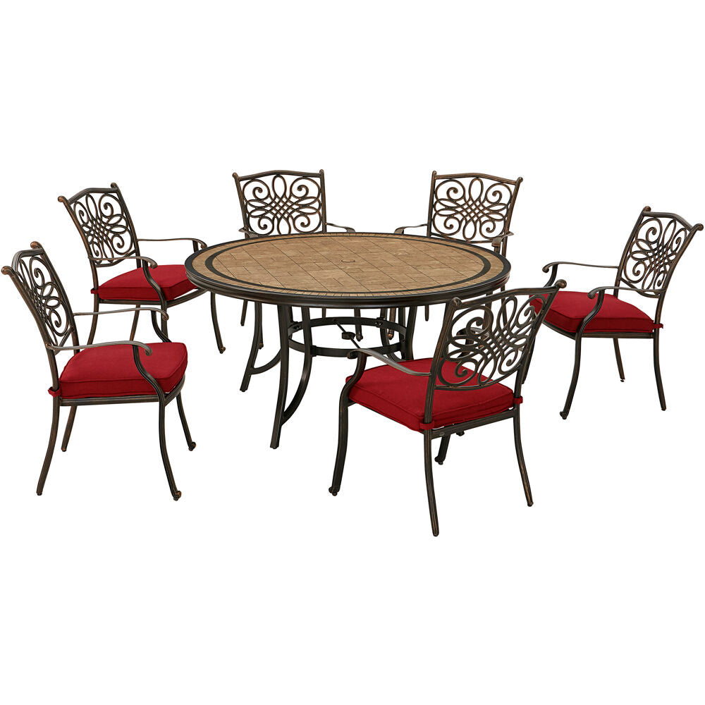 Hanover MONDN7PCRDTL-C-RED Monaco7pc: 6 Cush Stationary Chairs, 60" Round Tile Table