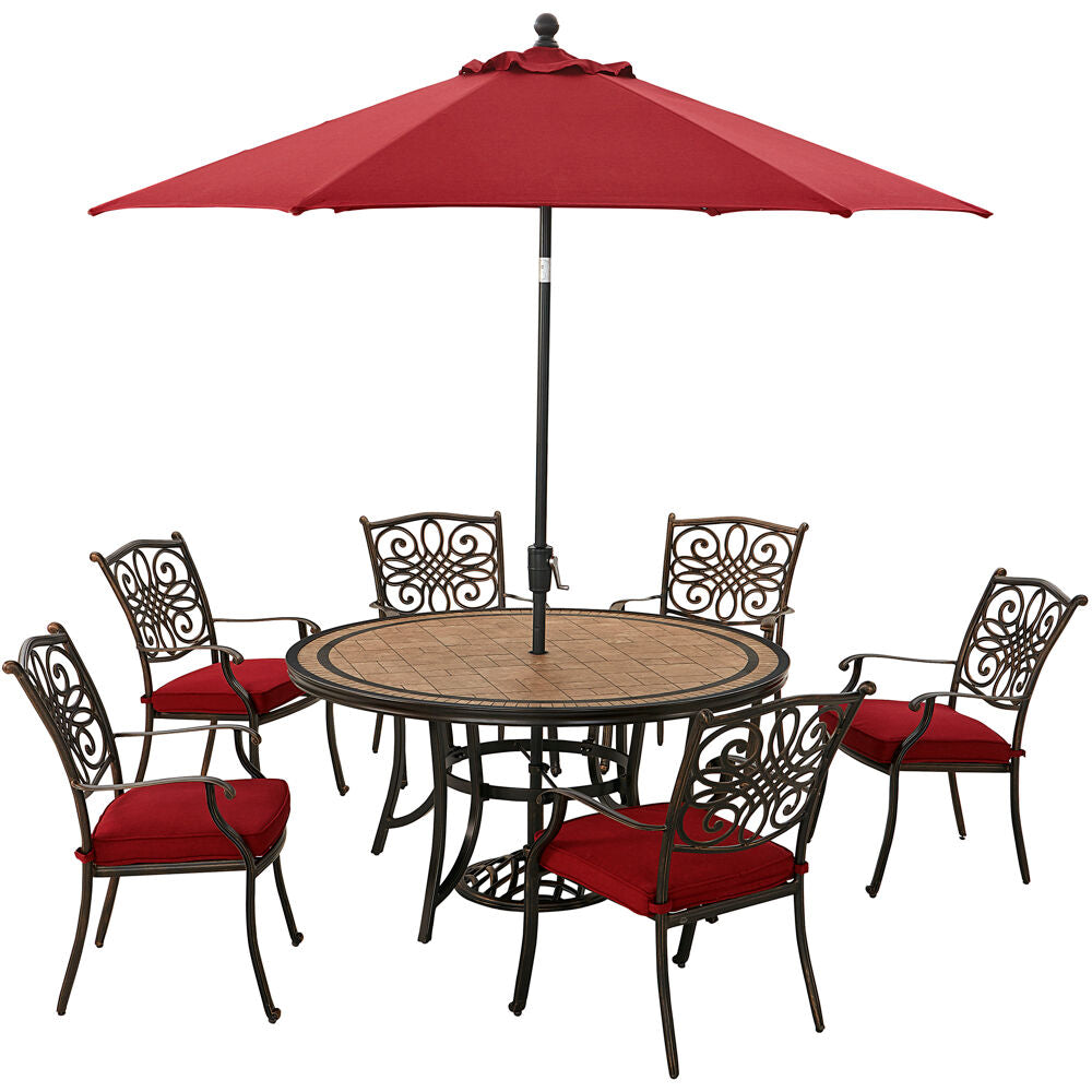 Hanover MONDN7PCRDTLC-SU-R Monaco7pc: 6 Cush Stationary Chairs, 60" Round Tile Tbl, Umbrella, Base