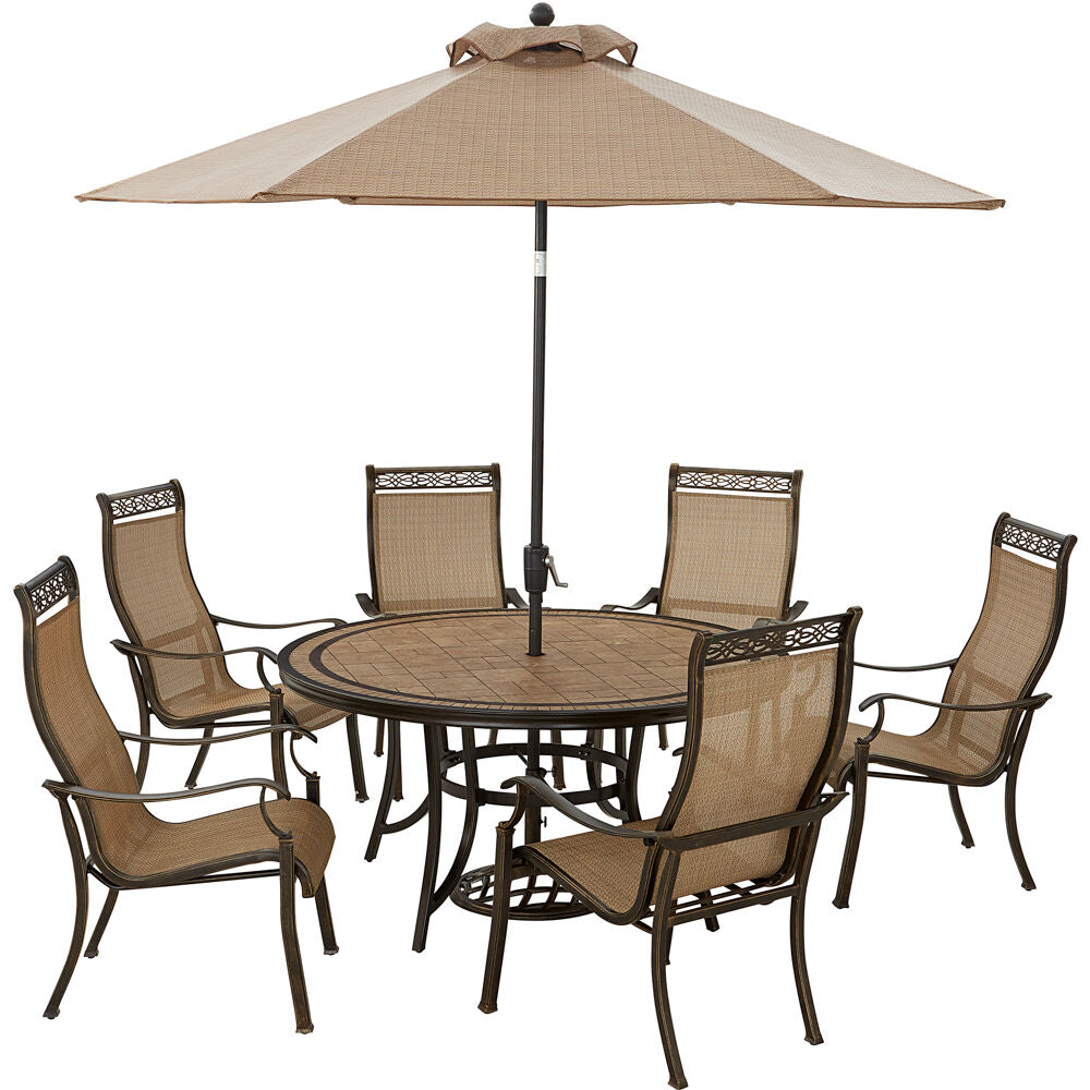 Hanover MONDN7PCRDTL-SU Monaco7pc: 6 Sling Dining Chairs, 60" Round Tile Table, Umbrella, Base