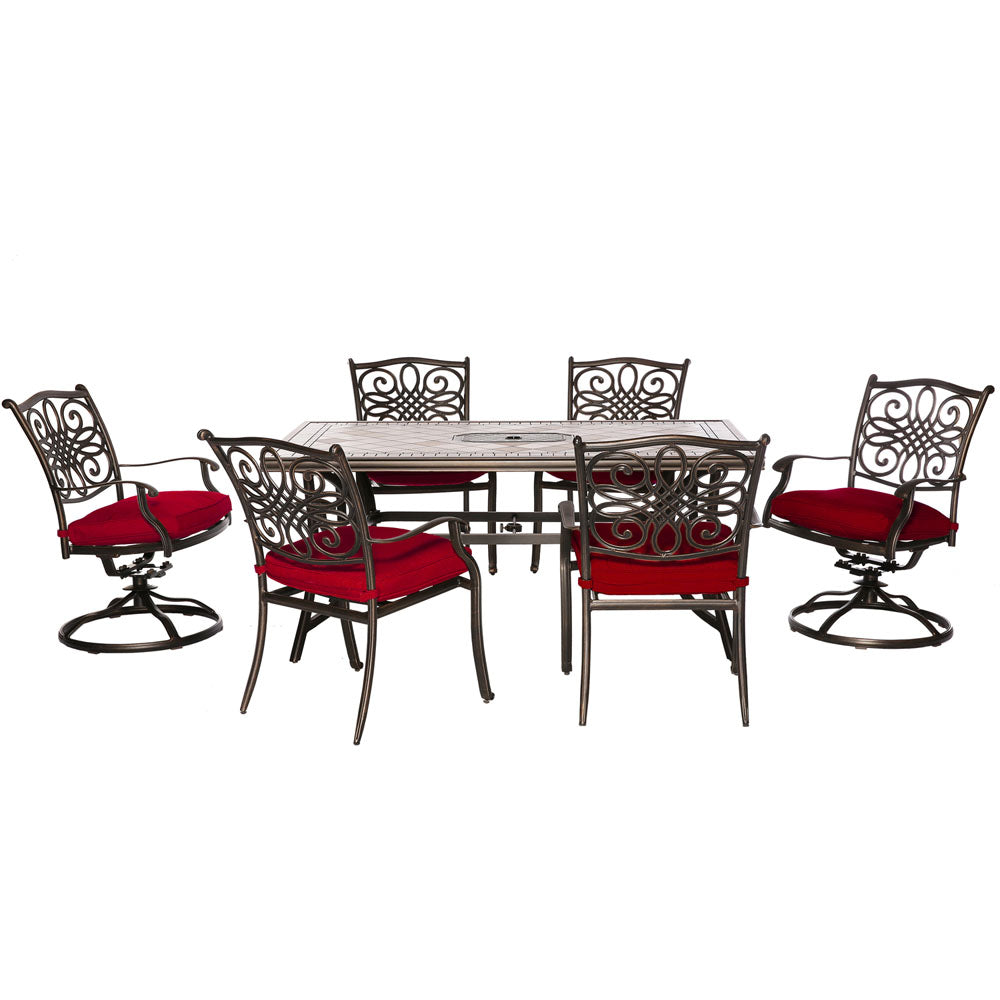 Hanover MONDN7PCSW-2-RED Monaco7pc: 4 Cush Dining Chairs, 2 Cush Swvl Chairs, 40x68" Tile Top Tbl