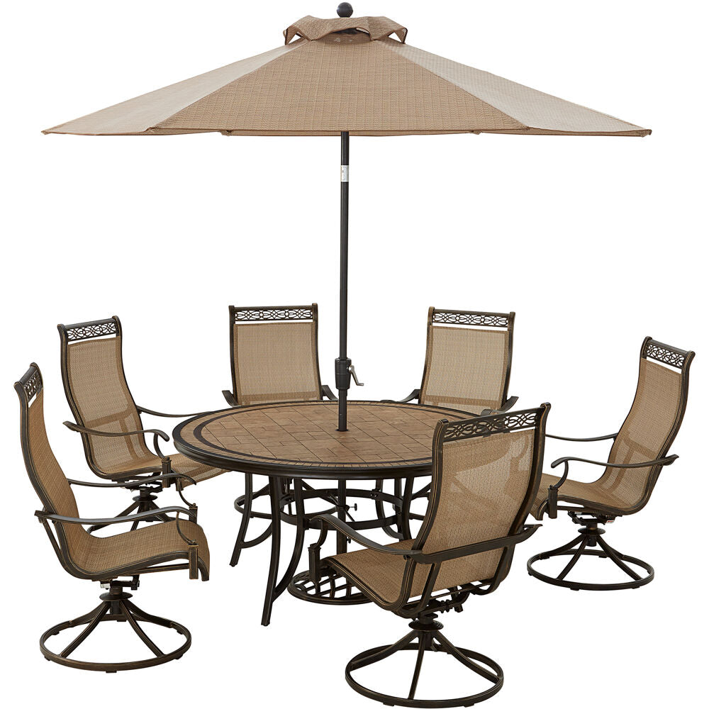 Hanover MONDN7PCSW6RDTL-SU Monaco7pc: 6 Sling Swivel Rockers, 60" Round Tile Tbl, Umbrella, Base