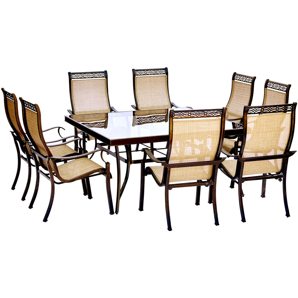 Hanover MONDN9PCSQG Monaco9pc: 8 Sling Chairs, 60" Square Glass Top Table