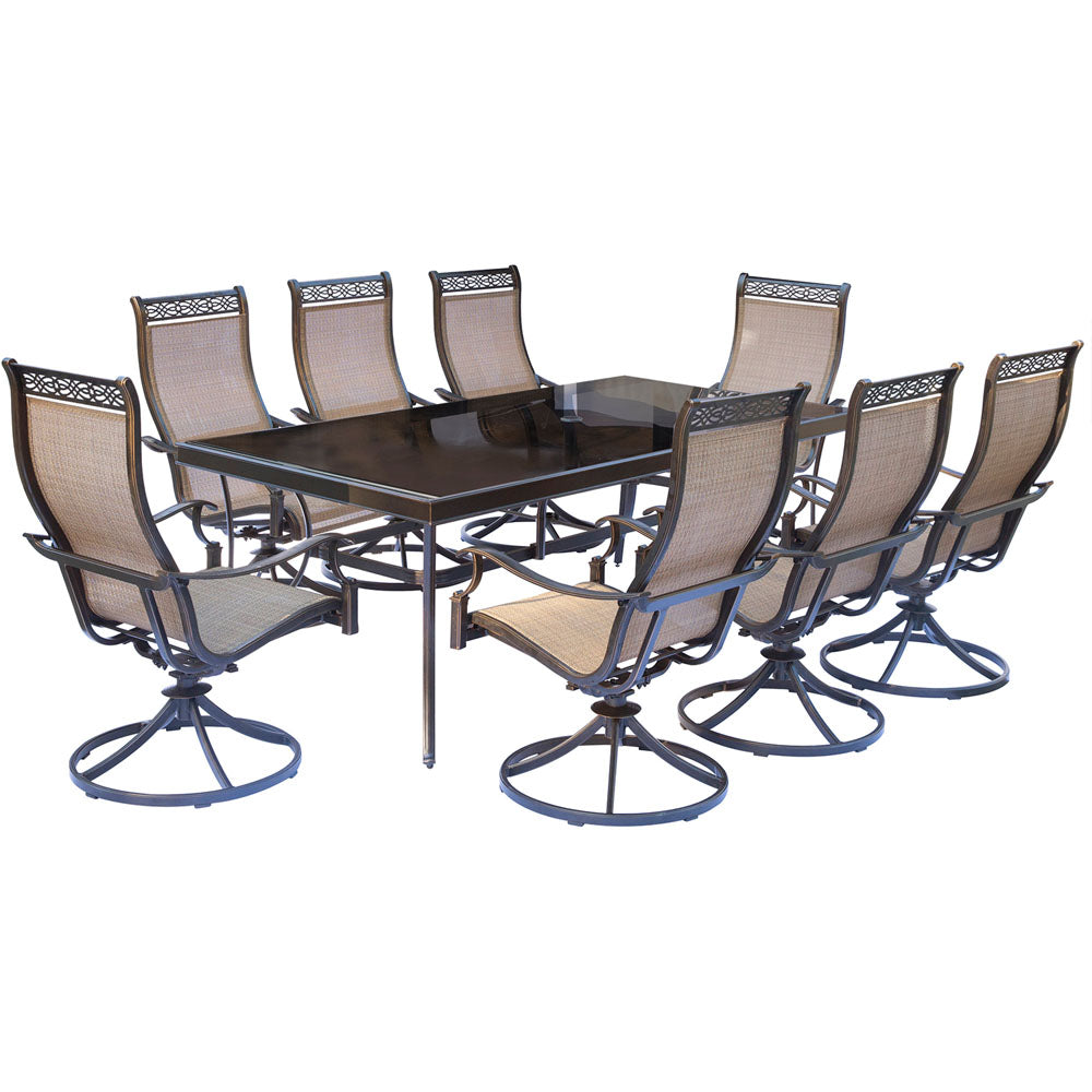 Hanover MONDN9PCSWG Monaco9pc: 8 Sling Swivel Rockers, 42x84" Glass Top Table