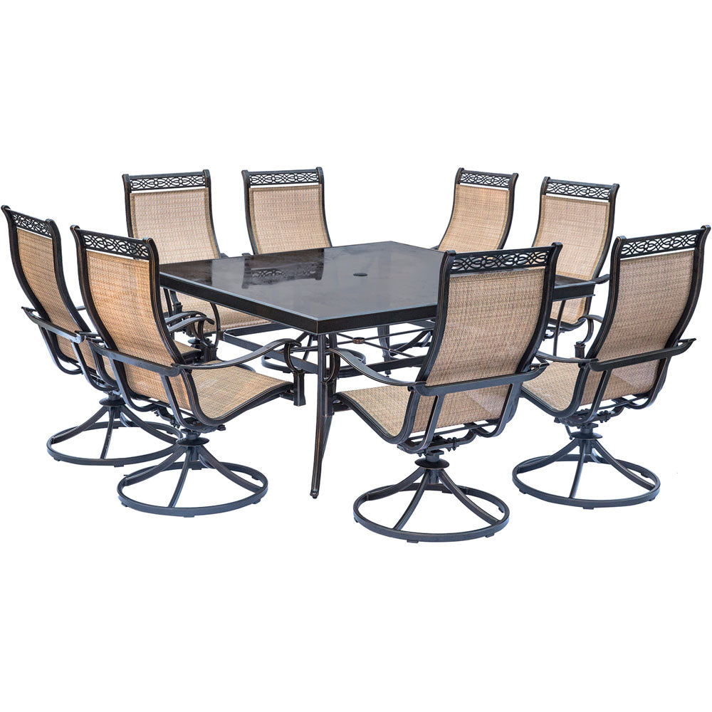 Hanover MONDN9PCSWSQG Monaco9pc: 8 Sling Swivel Rockers, 60" Square Glass Top Table