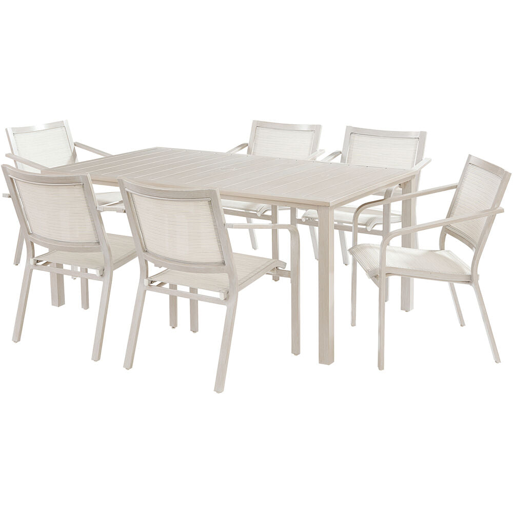 Hanover MORDN7PC-WHT Morrison7pc Dining: 6 Sling Chairs and 66"x38" Slat Table