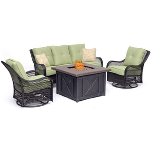 Hanover ORL4PCDFPSW2-GRN Orleans4pc Fire Pit: Sofa, 2 Swivel Gliders, and Durastone Fire Pit