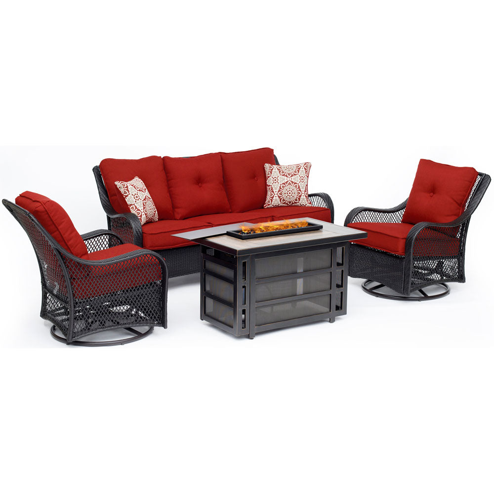 Hanover ORL4PCRECFP-BRY Orleans4pc Fire Pit: 2 Swivel Gliders, Sofa, Rectangle KD Fire Pit w/Tile