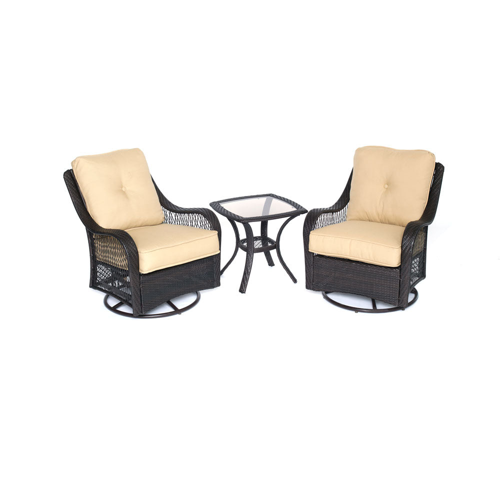 Hanover ORLEANS3PCSW-B-TAN Orleans 3pc Seating Set: 2 Swivel Gliders, 1 Side Table