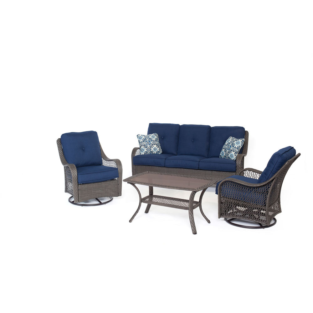 Hanover ORLEANS4PCSW-G-NVY Orleans4pc Seating Set: 2 Swivel Gliders, Sofa, Coffee Table