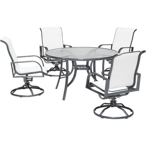 Hanover PHOEDN5PCSWSQ-WHT Phoenix5pc: 4 Alum Sling Swivel Rockers, 48" Round Glass Dining Table