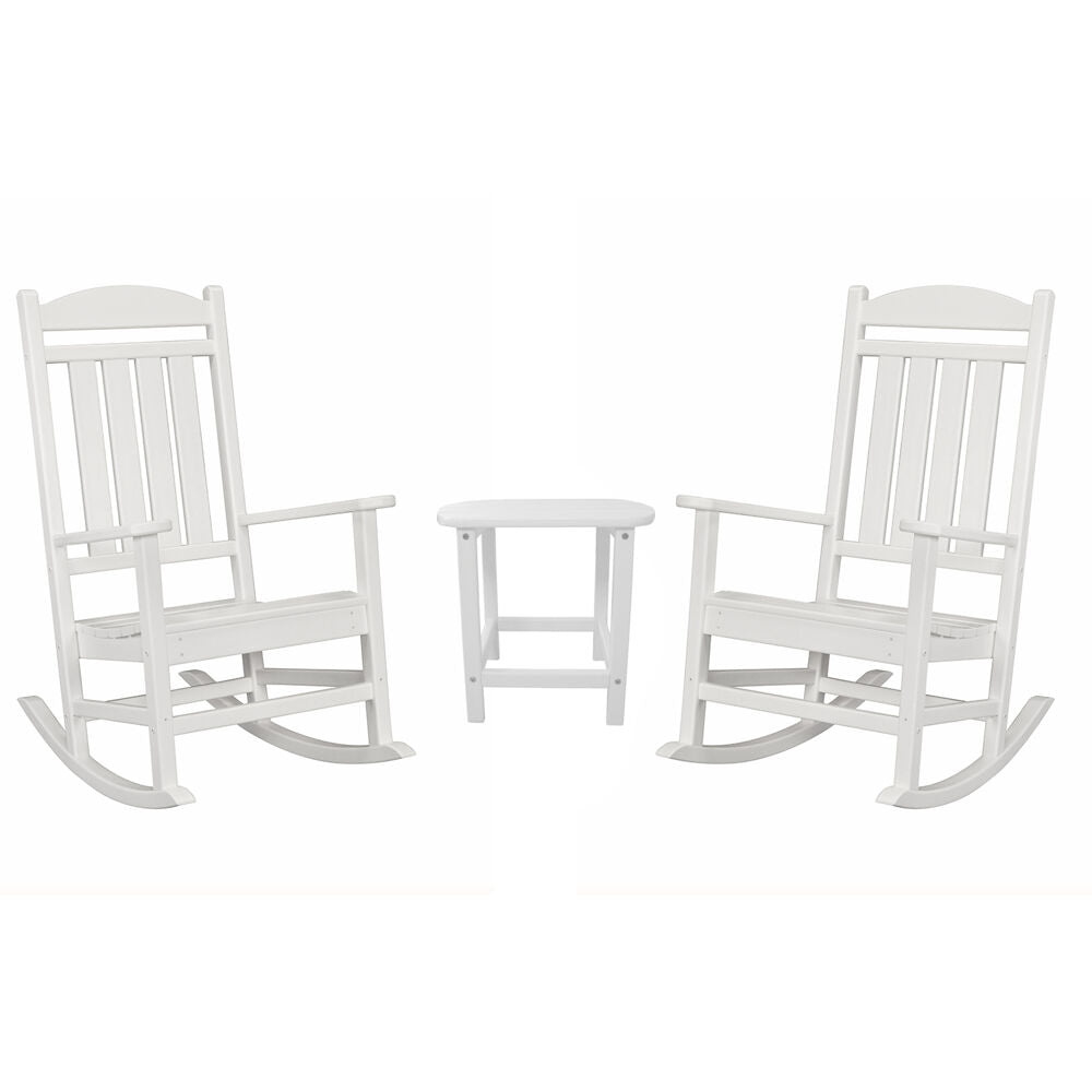 Hanover PINE3PC-WHT Hanover All-Weather Porch Rocker Set: 2 Porch Rockers and Side Table