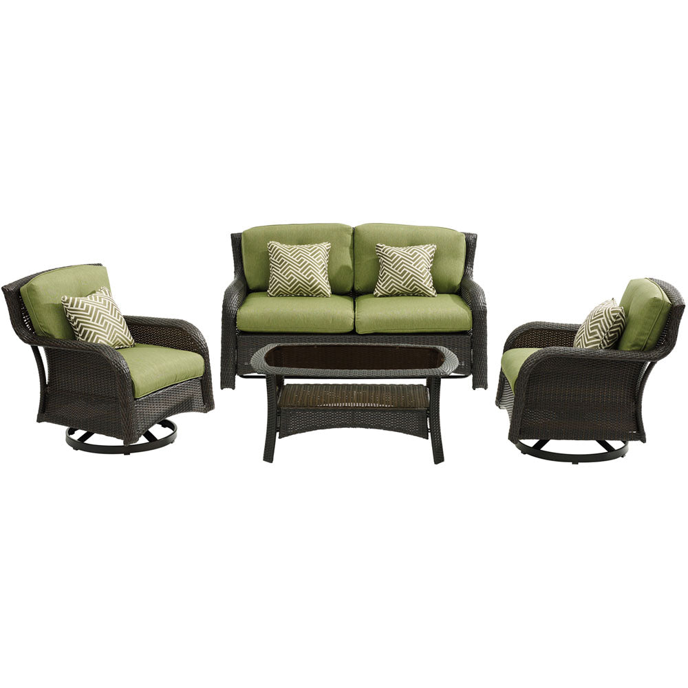 Hanover STRATH4PCSW-LS-GRN Strathmere4pc: Loveseat, 2 Swivel Gliders, Woven Coffee Table