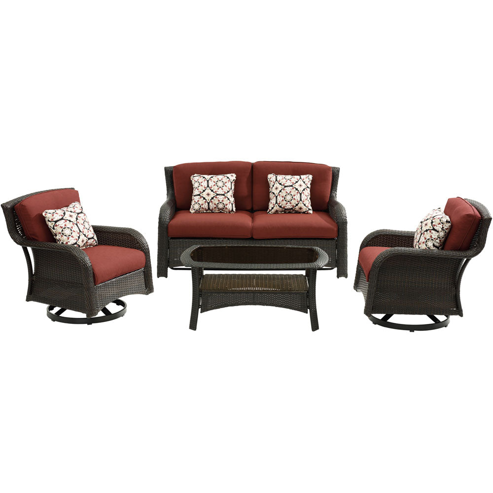 Hanover STRATH4PCSW-LS-RED Strathmere4pc: Loveseat, 2 Swivel Gliders, Woven Coffee Table