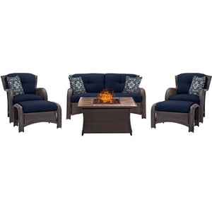 Hanover STRATH6PCFP-NVY-TN Strathmere 6-pc Fire Pit Set with Tan Tile Top