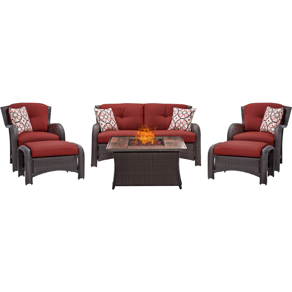 Hanover STRATH6PCFP-RED-WG Strathmere 6-pc Fire Pit Set with Wood Grain Tile Top