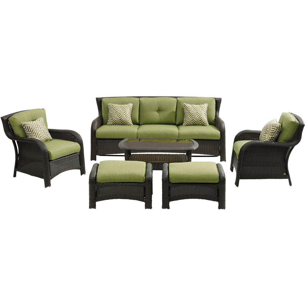 Hanover STRATH6PC-S-GRN Strathmere6pc: Sofa, 2 Side Chairs, 2 Ottomans, Woven Coffee Table