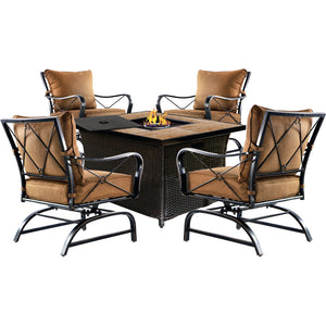 Hanover SUMMR5PCWVFP-WG SummerNights5pc:4 cushion rockers, woven fire pit with wood tile top