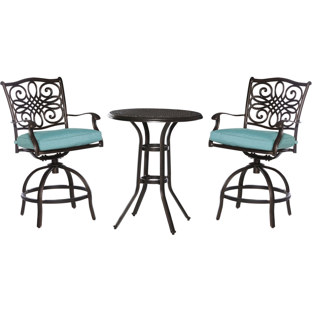 Hanover TRAD3PCSWBR-BLU Traditions3pc: 2 Counter Height Swivel Chairs, 30" Round Cast Tbl (36"H)
