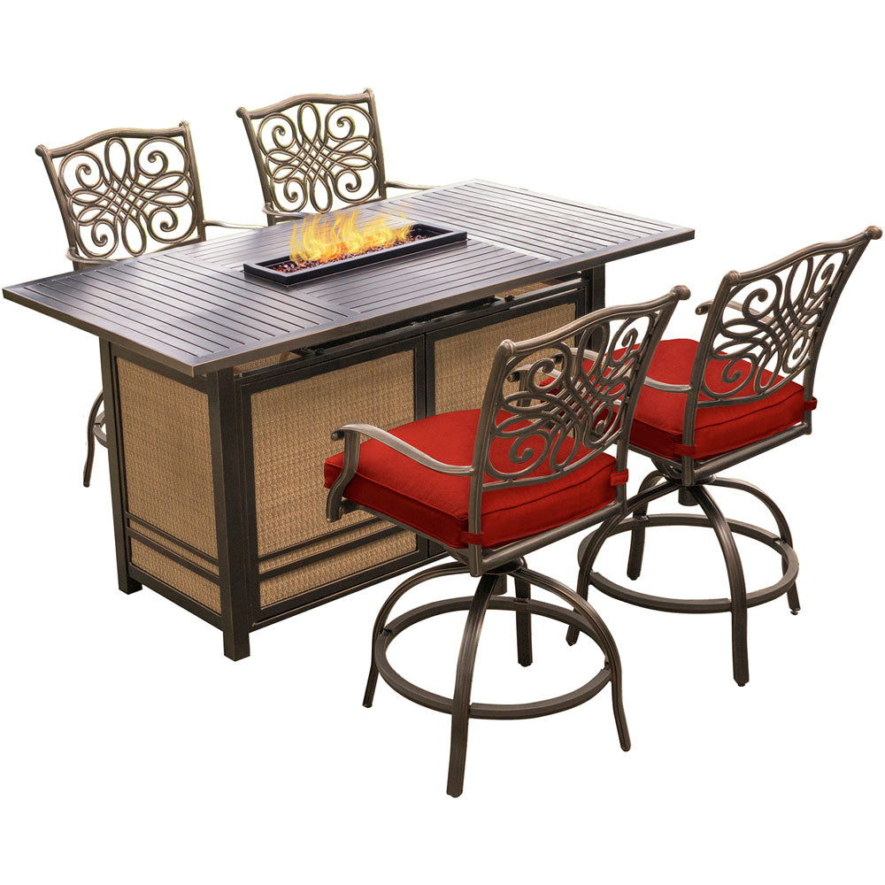 Hanover TRAD5PCFPBR-RED Traditions5pc Fire Pit High Dining: 4 Counter Swvl Rkrs, 1 Fire Pit Tabl